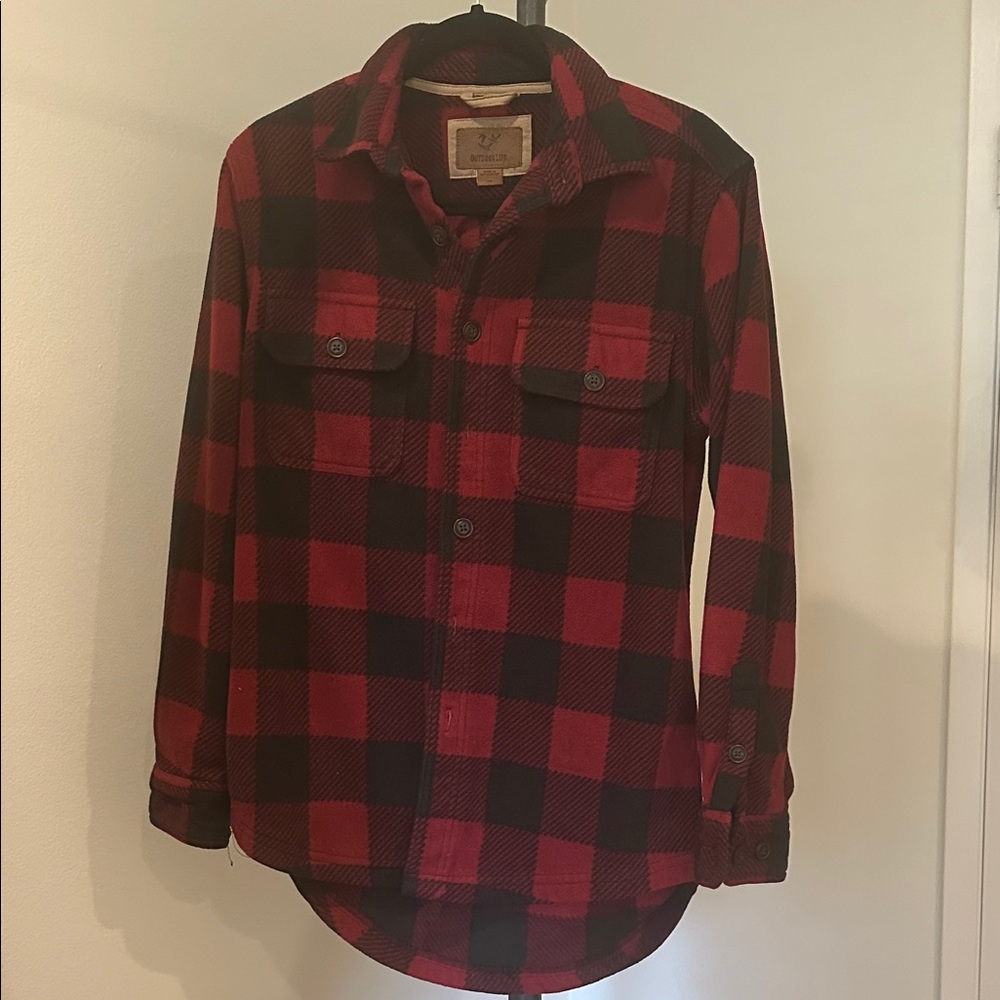 Red and Black Buffalo Plaid Button-Up Shirt fleece